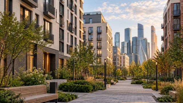 Пешеходная дорожка среди московских жилых новостроек без узнаваемых адресов и логотипов.